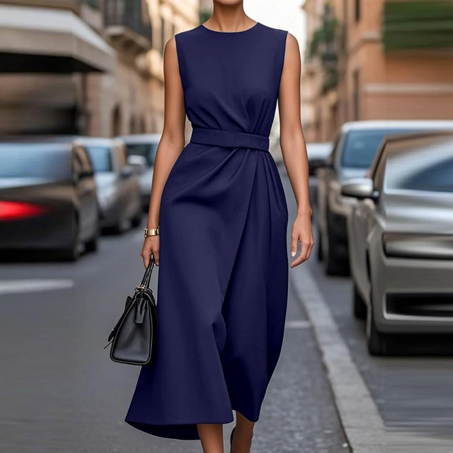 Women's Crew Neck Maxi Formal Dresses Elegant Sleeveless Wedding Guest Evening Party Dress Solid Color with Belt