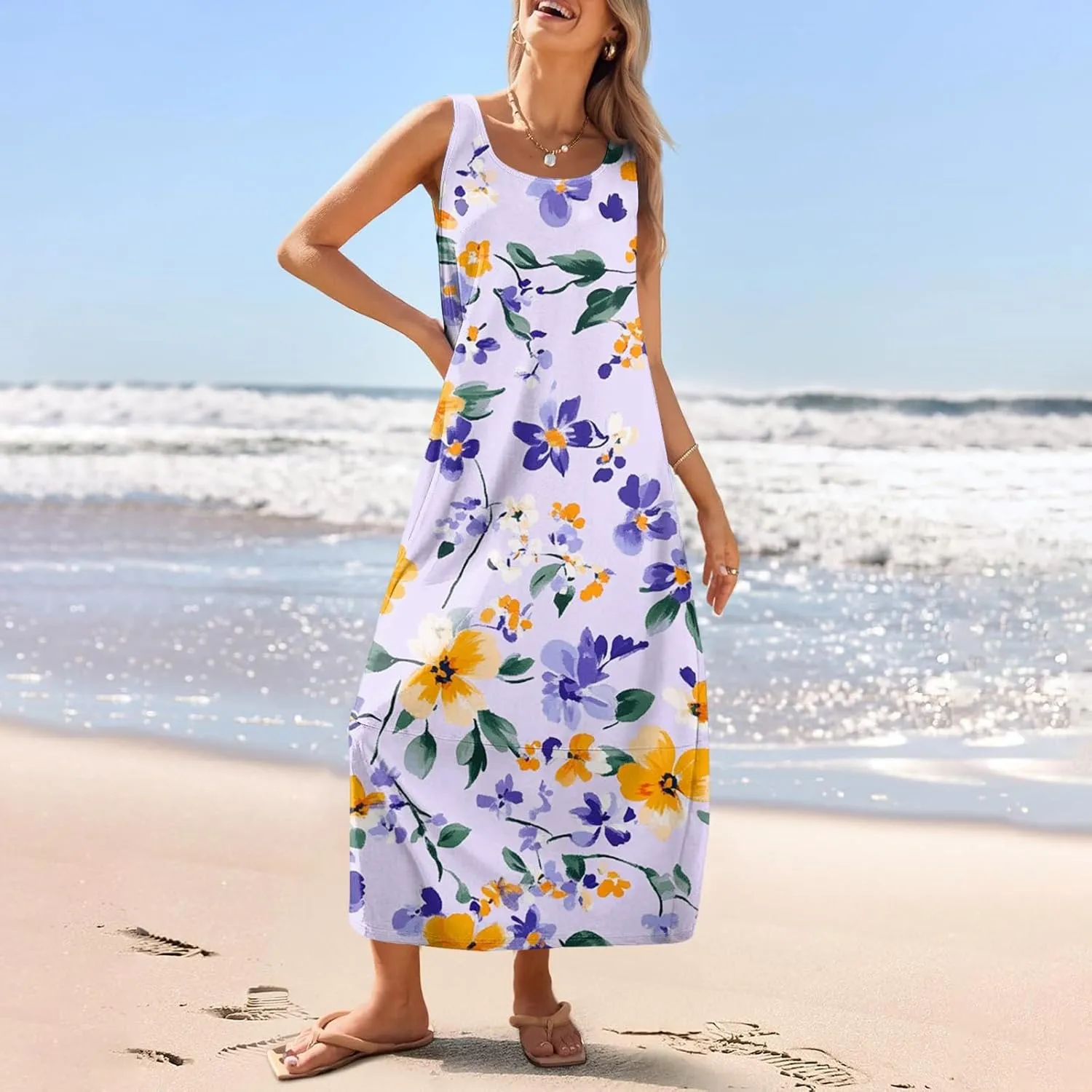 Women's Dresses Casual Loose Sundress Beach Vacation Scoop Neck Tank Dress Sleeveless Flowy 2025 Summer Maxi Dress