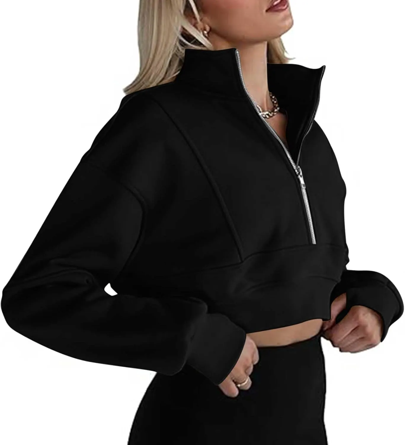 Women's Half Zipper Cropped Sweatshirts Hoodies,Casual V Neck Long Sleeve Pullover Tunic Comfy Basic Tops