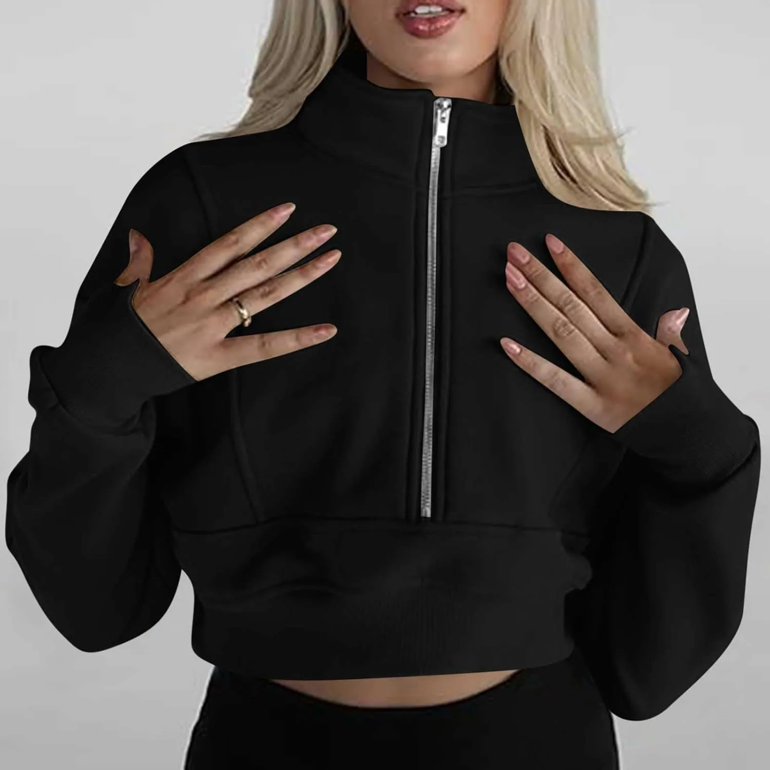Women's Half Zipper Cropped Sweatshirts Hoodies,Casual V Neck Long Sleeve Pullover Tunic Comfy Basic Tops