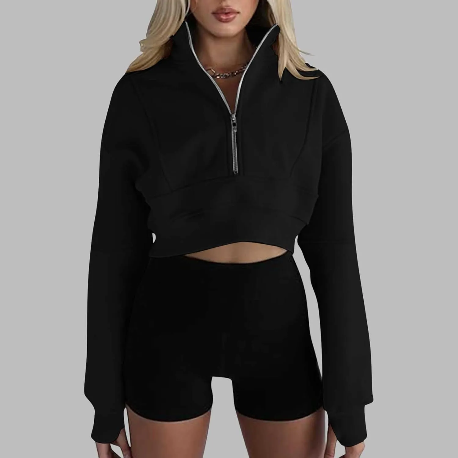 Women's Half Zipper Cropped Sweatshirts Hoodies,Casual V Neck Long Sleeve Pullover Tunic Comfy Basic Tops