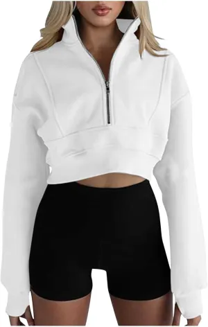 Women's Half Zipper Cropped Sweatshirts Hoodies,Casual V Neck Long Sleeve Pullover Tunic Comfy Basic Tops