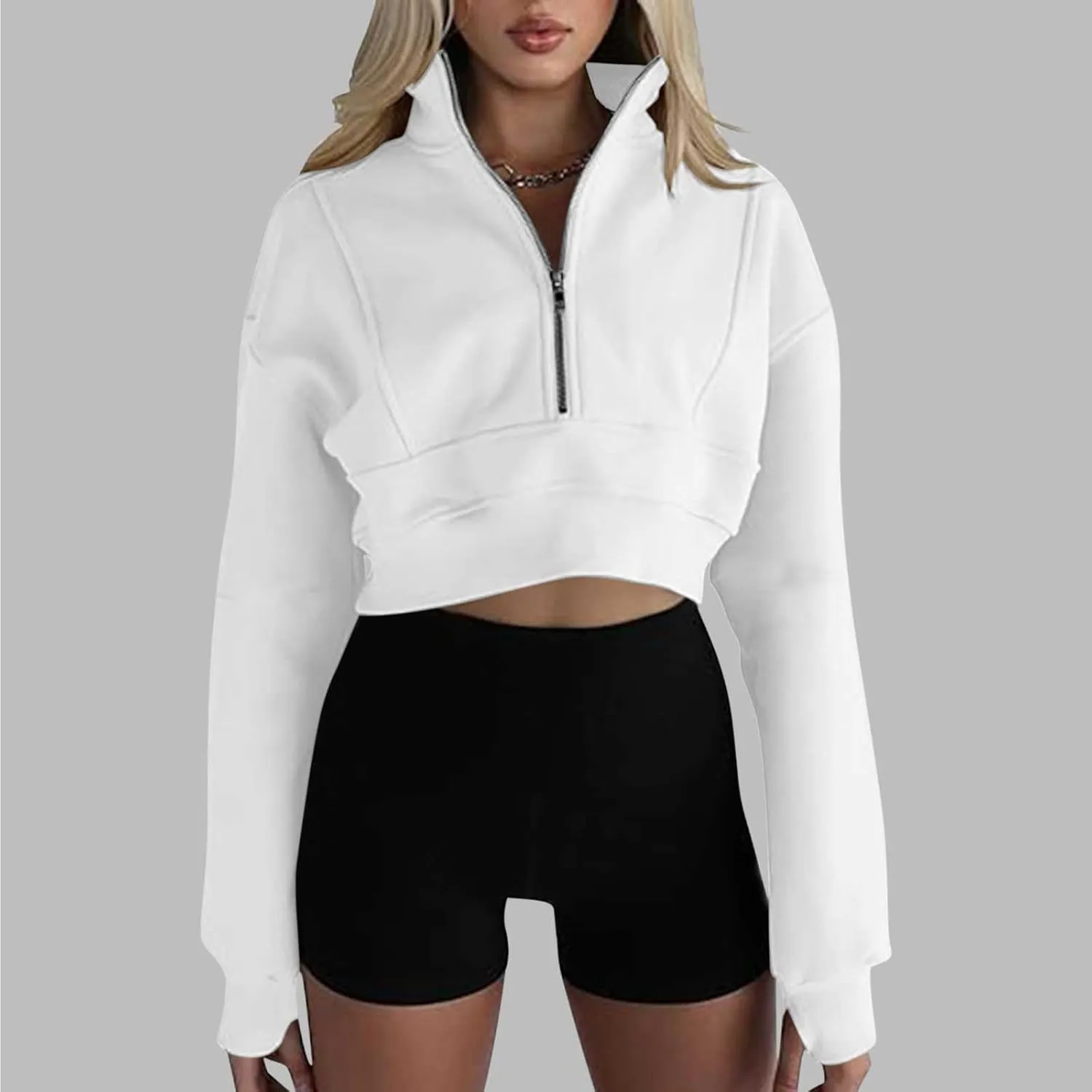 Women's Half Zipper Cropped Sweatshirts Hoodies,Casual V Neck Long Sleeve Pullover Tunic Comfy Basic Tops