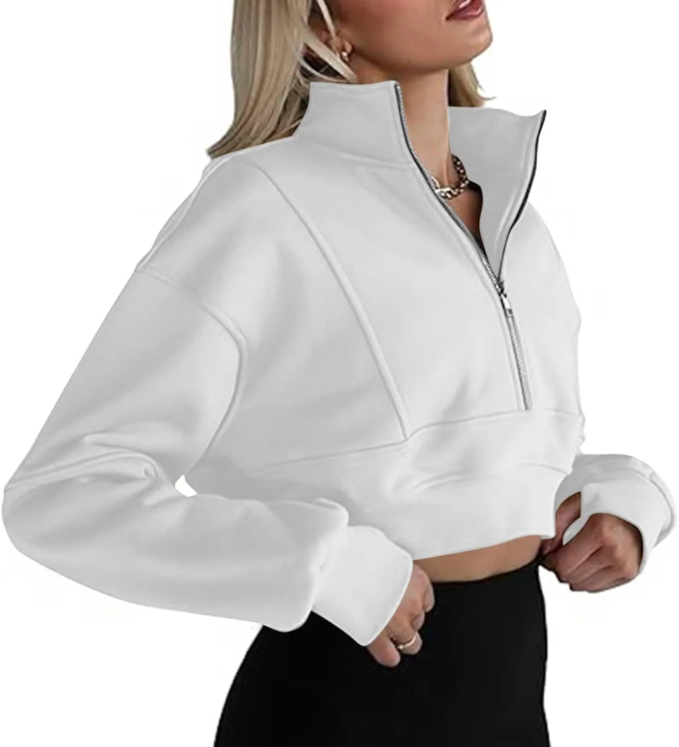 Women's Half Zipper Cropped Sweatshirts Hoodies,Casual V Neck Long Sleeve Pullover Tunic Comfy Basic Tops