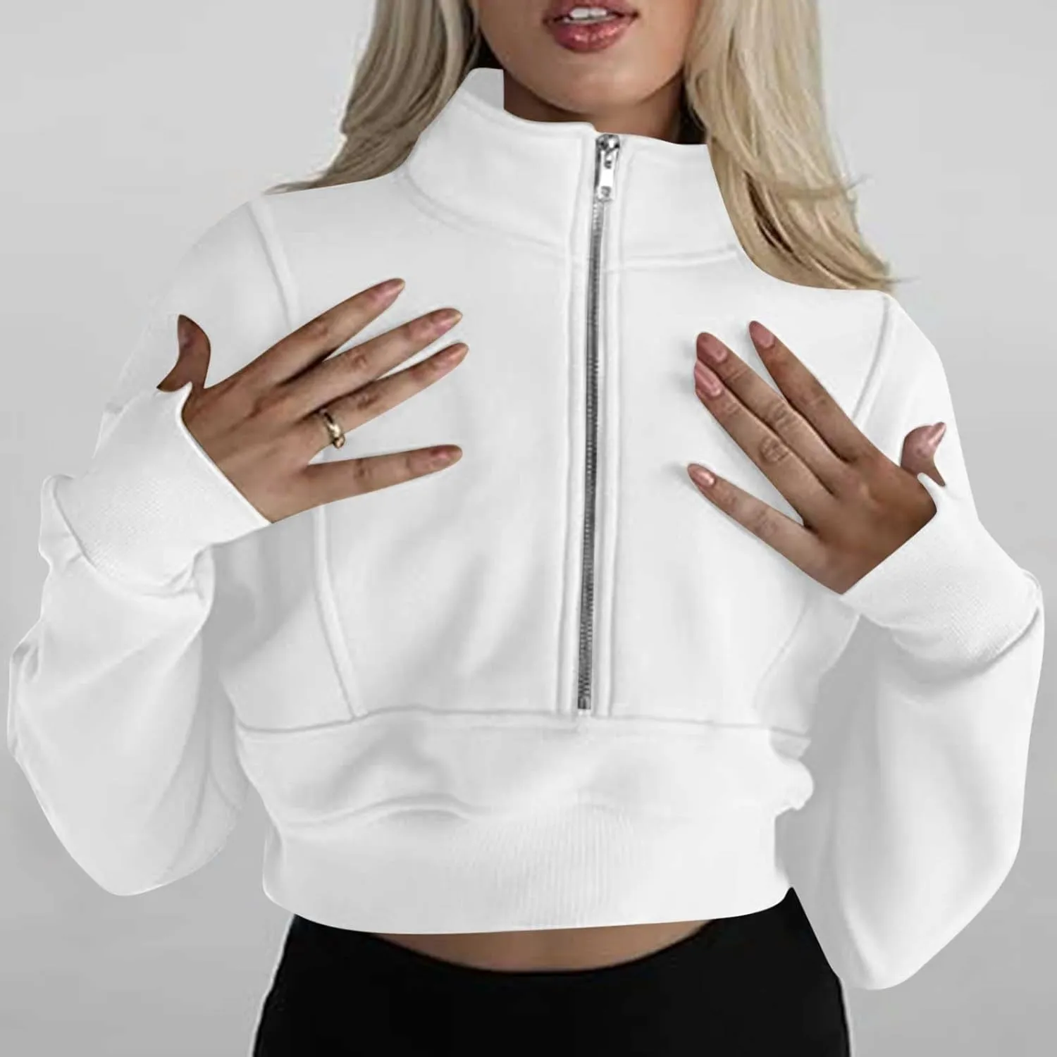 Women's Half Zipper Cropped Sweatshirts Hoodies,Casual V Neck Long Sleeve Pullover Tunic Comfy Basic Tops