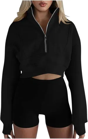 Women's Half Zipper Cropped Sweatshirts Hoodies,Casual V Neck Long Sleeve Pullover Tunic Comfy Basic Tops