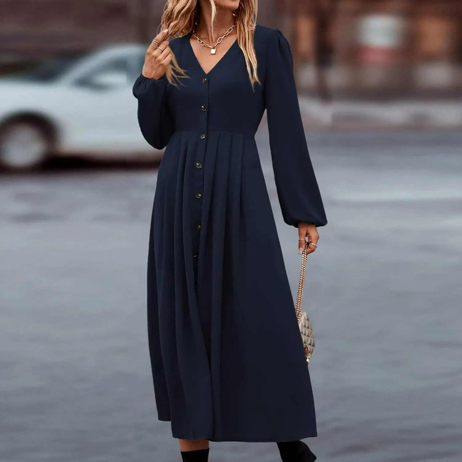 Women's Maxi Dress Long Sleeve Crewneck Loose Plain Casual Empire Waist Party Long Dresses for All Seasons