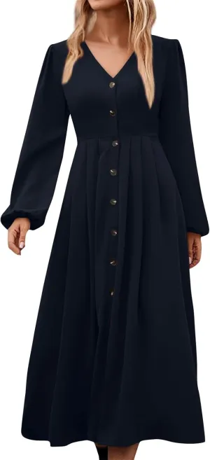 Women's Maxi Dress Long Sleeve Crewneck Loose Plain Casual Empire Waist Party Long Dresses for All Seasons
