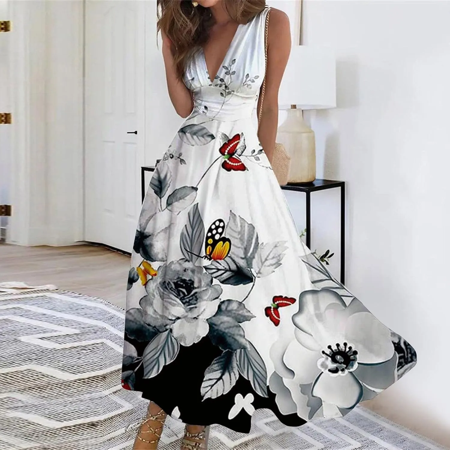 Womens Maxi Dresses with Cold Shoulder Sleeves 2023 Trendy Deep V Neck Slim Fit and Flare Hem Gown Floral Print Dresses