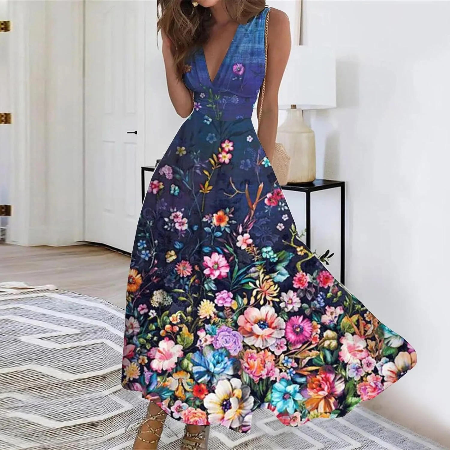 Womens Maxi Dresses with Cold Shoulder Sleeves 2023 Trendy Deep V Neck Slim Fit and Flare Hem Gown Floral Print Dresses