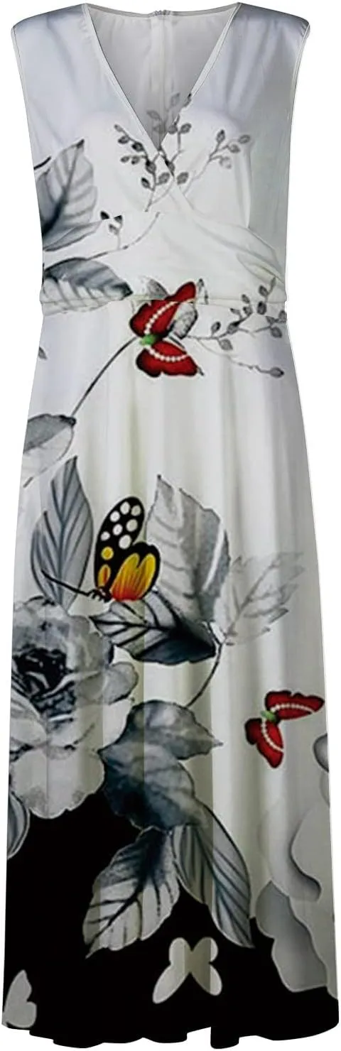 Womens Maxi Dresses with Cold Shoulder Sleeves 2023 Trendy Deep V Neck Slim Fit and Flare Hem Gown Floral Print Dresses