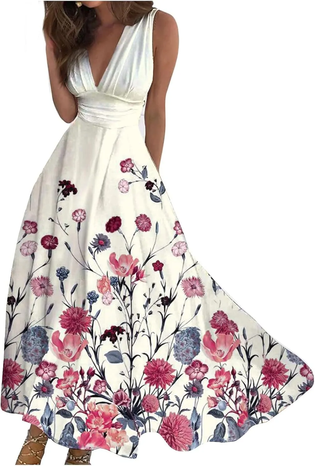Womens Maxi Dresses with Cold Shoulder Sleeves 2023 Trendy Deep V Neck Slim Fit and Flare Hem Gown Floral Print Dresses