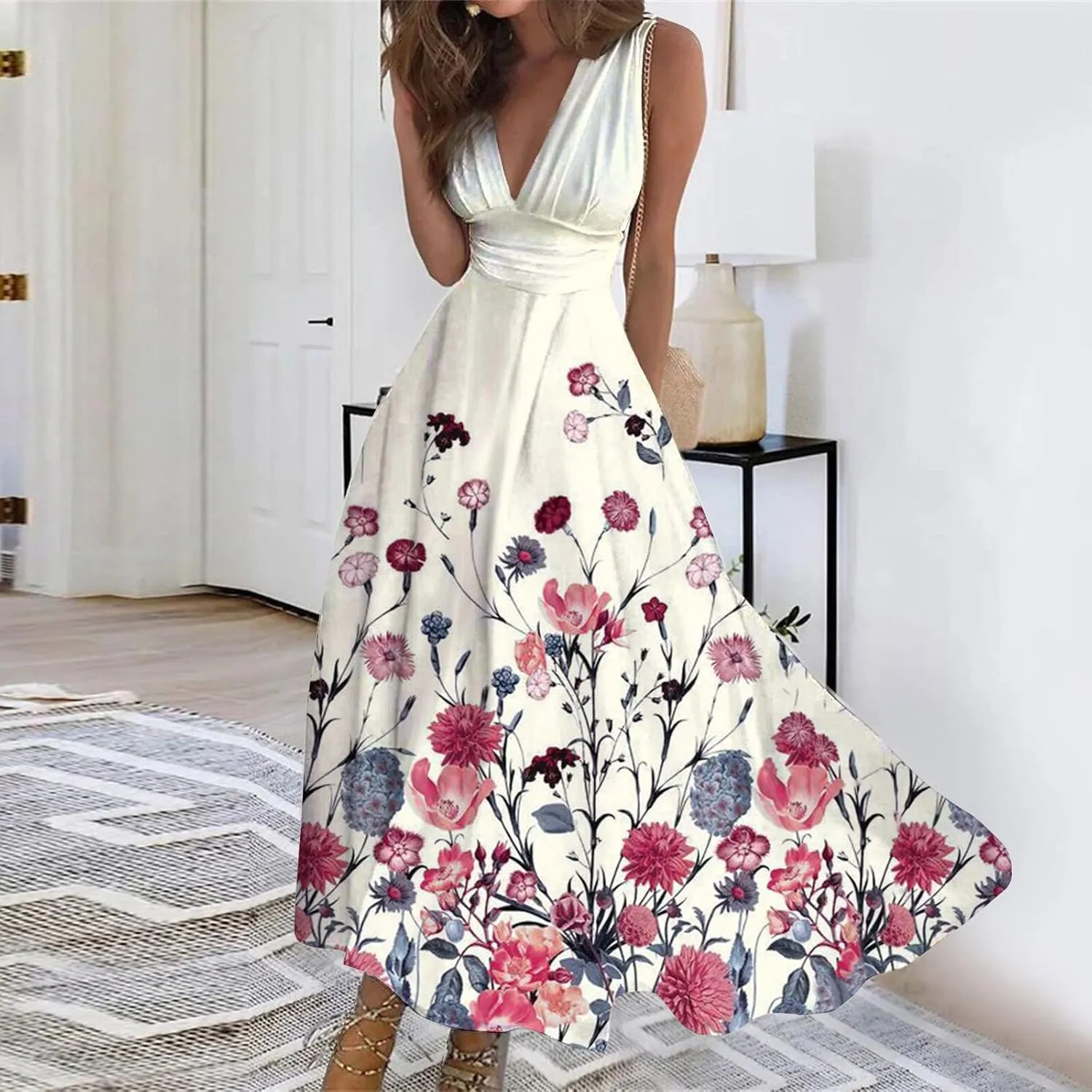Womens Maxi Dresses with Cold Shoulder Sleeves 2023 Trendy Deep V Neck Slim Fit and Flare Hem Gown Floral Print Dresses