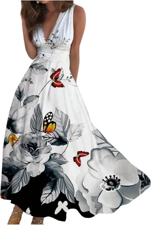 Womens Maxi Dresses with Cold Shoulder Sleeves 2023 Trendy Deep V Neck Slim Fit and Flare Hem Gown Floral Print Dresses