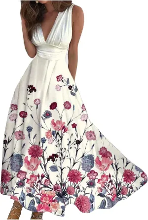 Womens Maxi Dresses with Cold Shoulder Sleeves 2023 Trendy Deep V Neck Slim Fit and Flare Hem Gown Floral Print Dresses