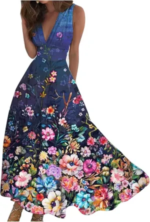 Womens Maxi Dresses with Cold Shoulder Sleeves 2023 Trendy Deep V Neck Slim Fit and Flare Hem Gown Floral Print Dresses