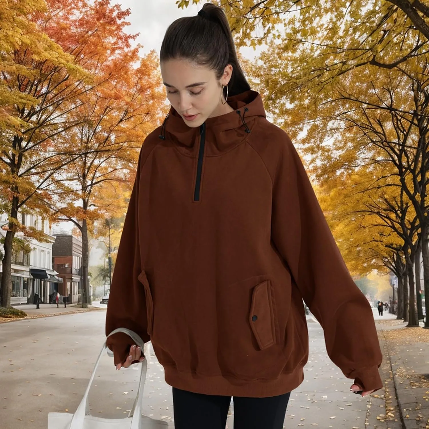 Womens Oversized Half Zip Cropped Hoodies Sweatshirts Long Sleeve Sweaters Pullover Fall Outfits Winter Clothes