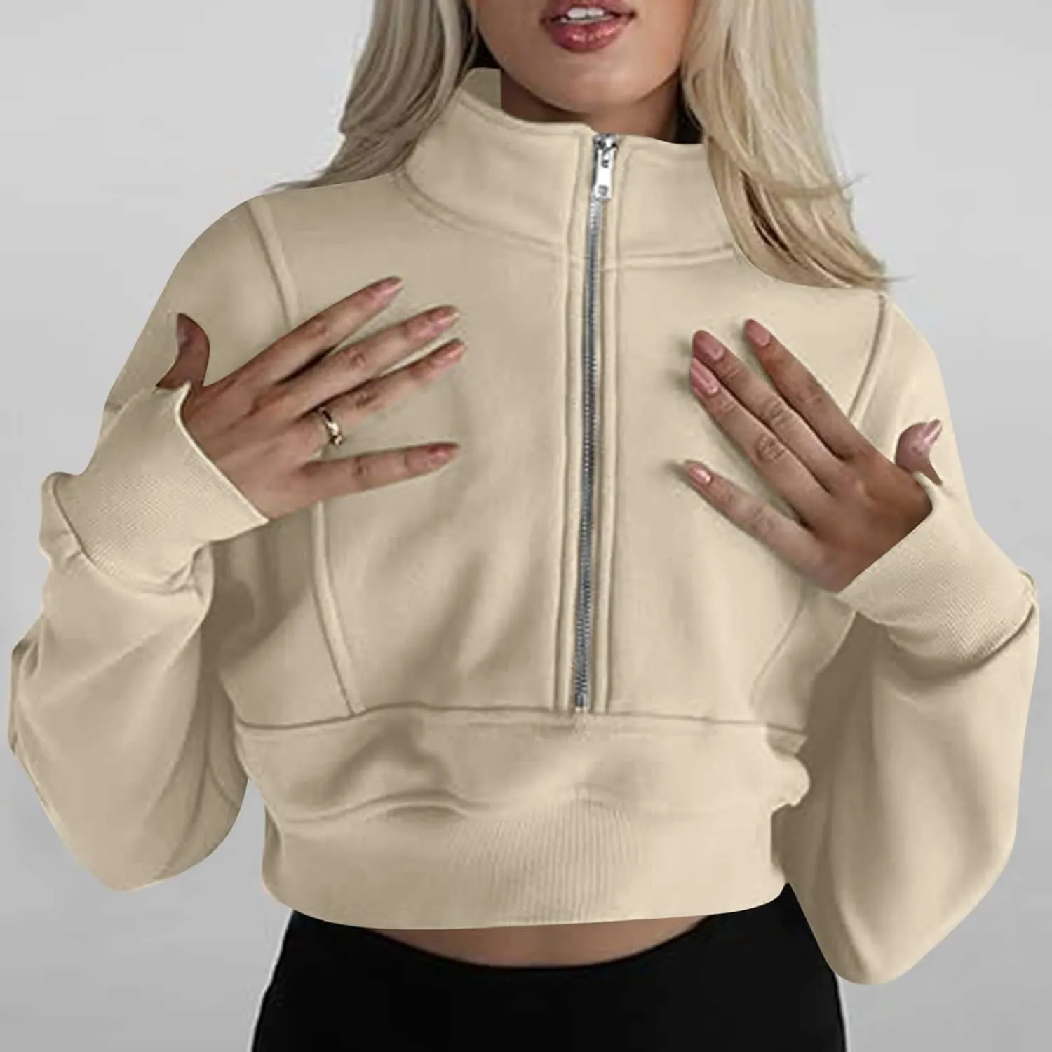 Womens Oversized Half Zipper Cropped Hoodies Sweatshirts Pullover,Long Sleeve V Neck Casual Lucky Tunic Comfy Tops