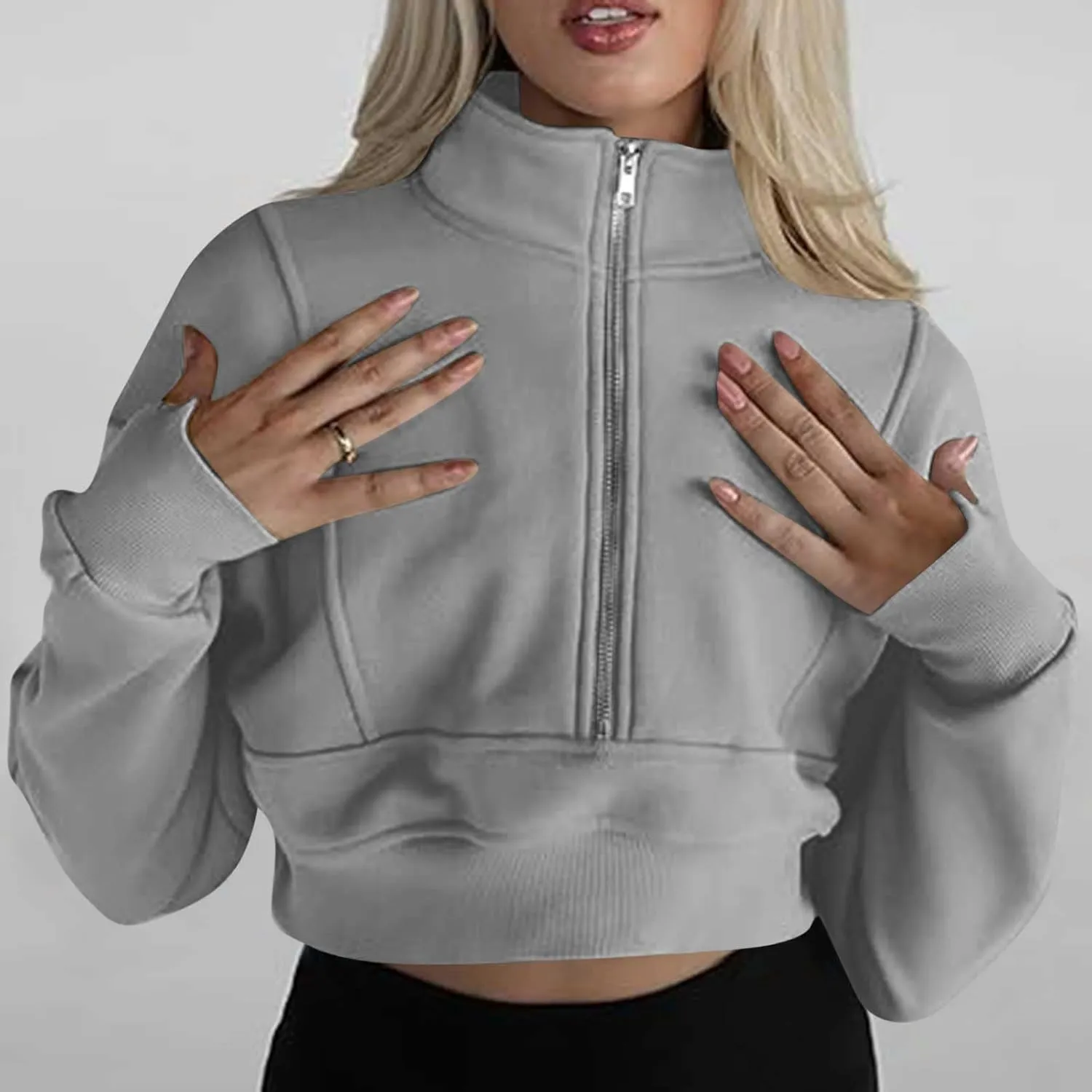 Womens Oversized Half Zipper Cropped Hoodies Sweatshirts Pullover,Long Sleeve V Neck Casual Lucky Tunic Comfy Tops