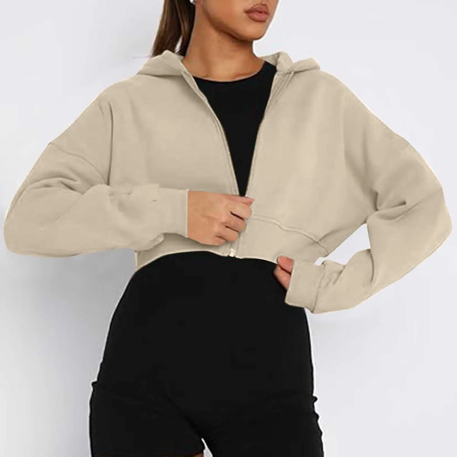 Womens Oversized Half Zipper Cropped Hoodies Sweatshirts Pullover,Long Sleeve V Neck Casual Lucky Tunic Comfy Tops