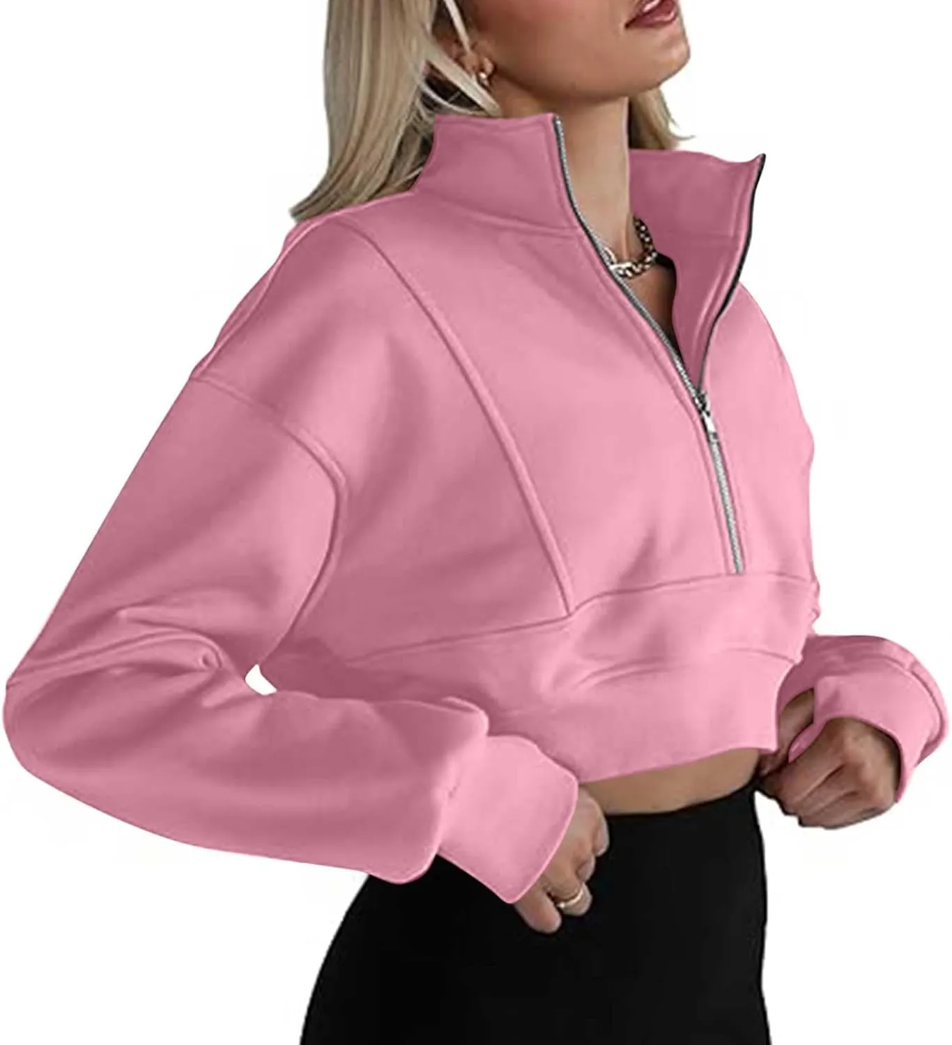 Womens Oversized Half Zipper Cropped Hoodies Sweatshirts Pullover,Long Sleeve V Neck Casual Lucky Tunic Comfy Tops