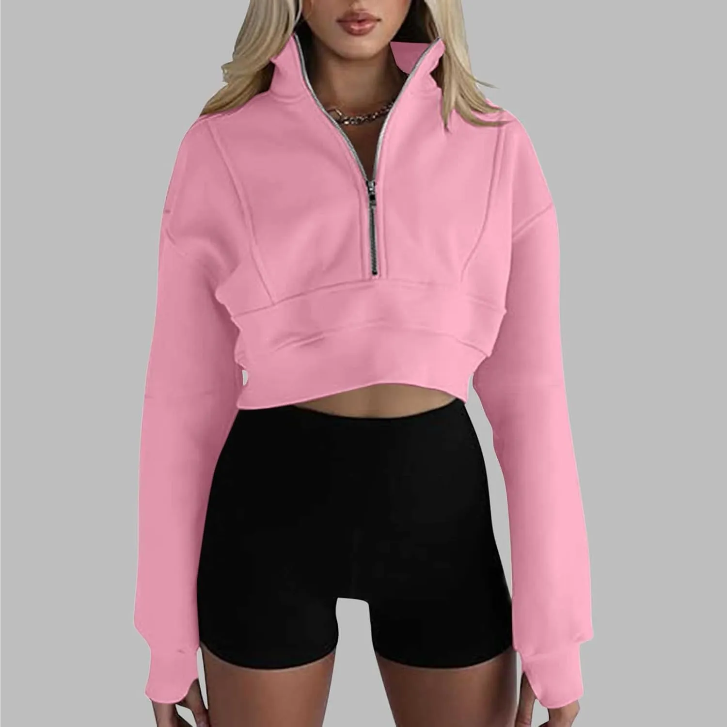 Womens Oversized Half Zipper Cropped Hoodies Sweatshirts Pullover,Long Sleeve V Neck Casual Lucky Tunic Comfy Tops