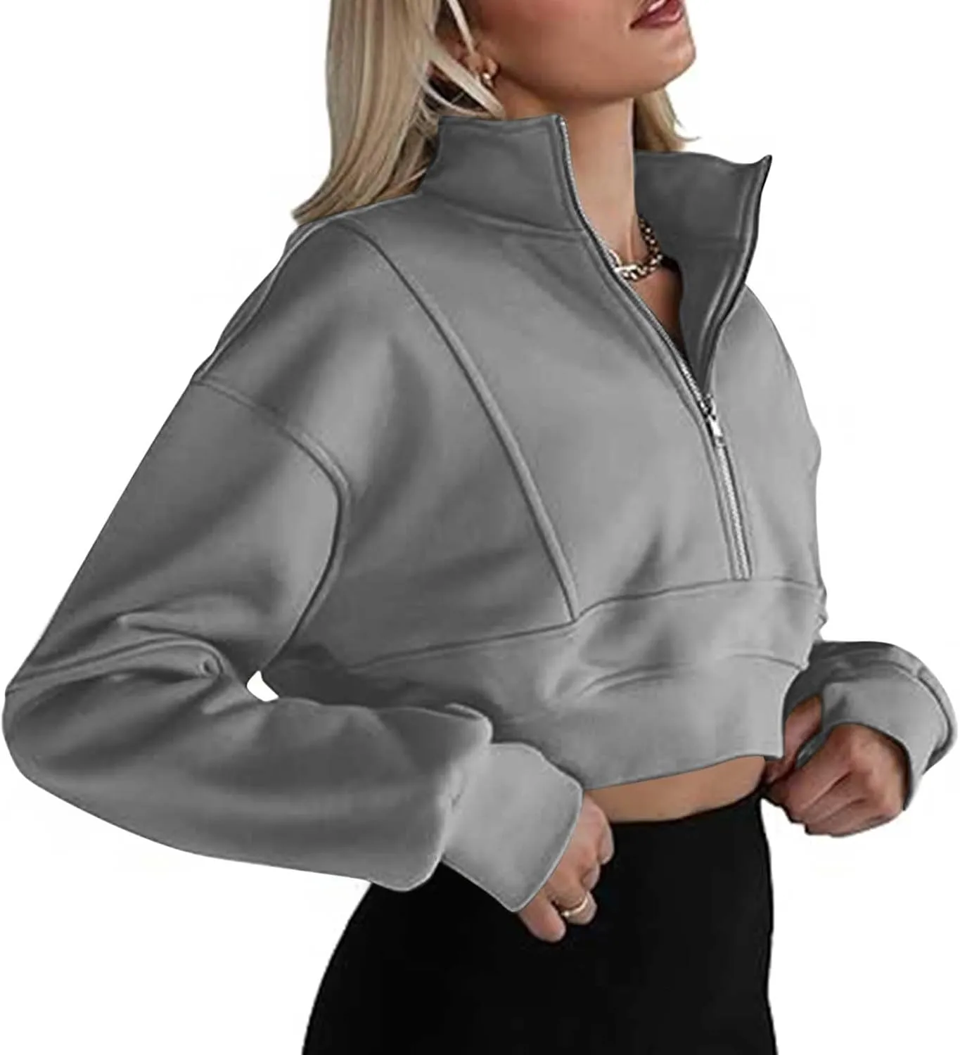 Womens Oversized Half Zipper Cropped Hoodies Sweatshirts Pullover,Long Sleeve V Neck Casual Lucky Tunic Comfy Tops