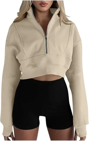 Womens Oversized Half Zipper Cropped Hoodies Sweatshirts Pullover,Long Sleeve V Neck Casual Lucky Tunic Comfy Tops