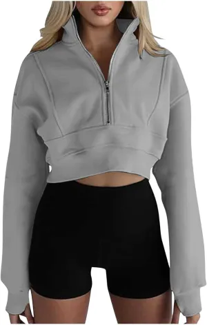 Womens Oversized Half Zipper Cropped Hoodies Sweatshirts Pullover,Long Sleeve V Neck Casual Lucky Tunic Comfy Tops