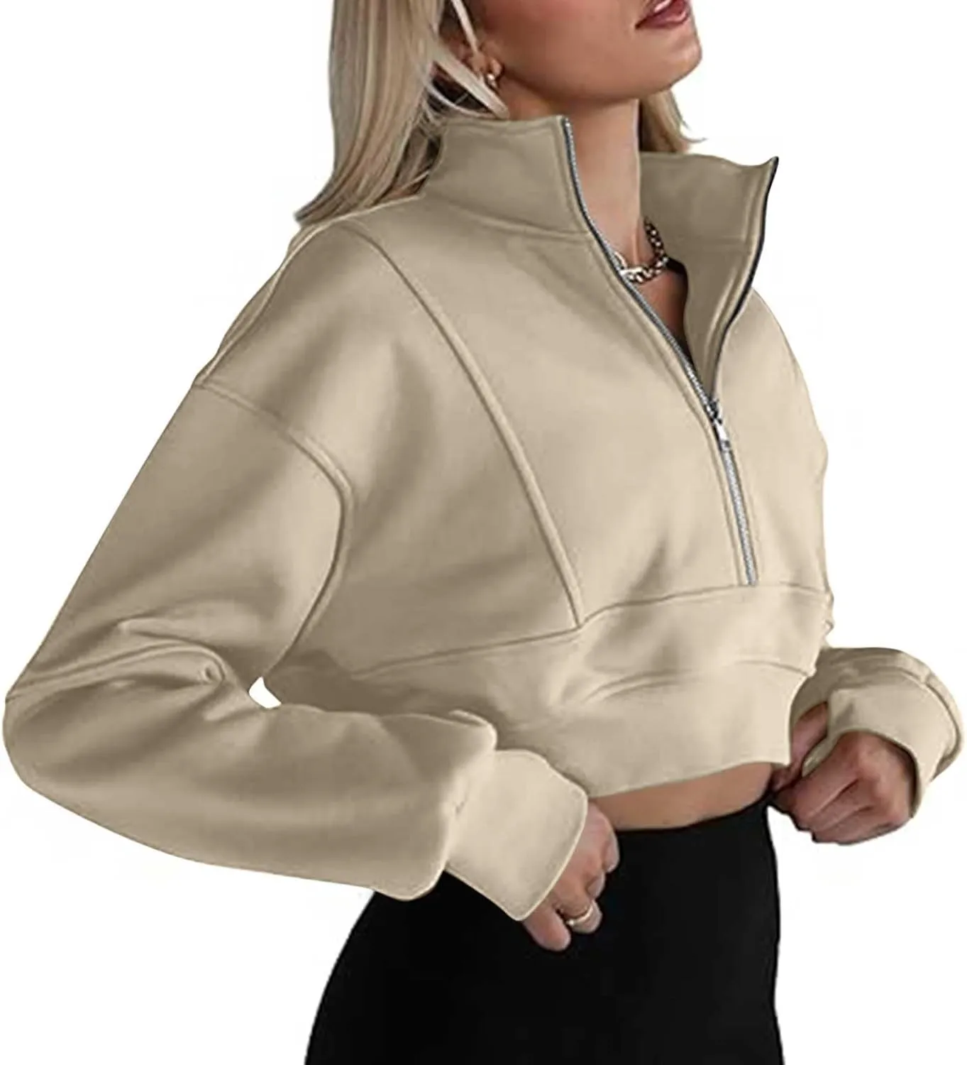 Womens Oversized Half Zipper Cropped Hoodies Sweatshirts Pullover,Long Sleeve V Neck Casual Lucky Tunic Comfy Tops