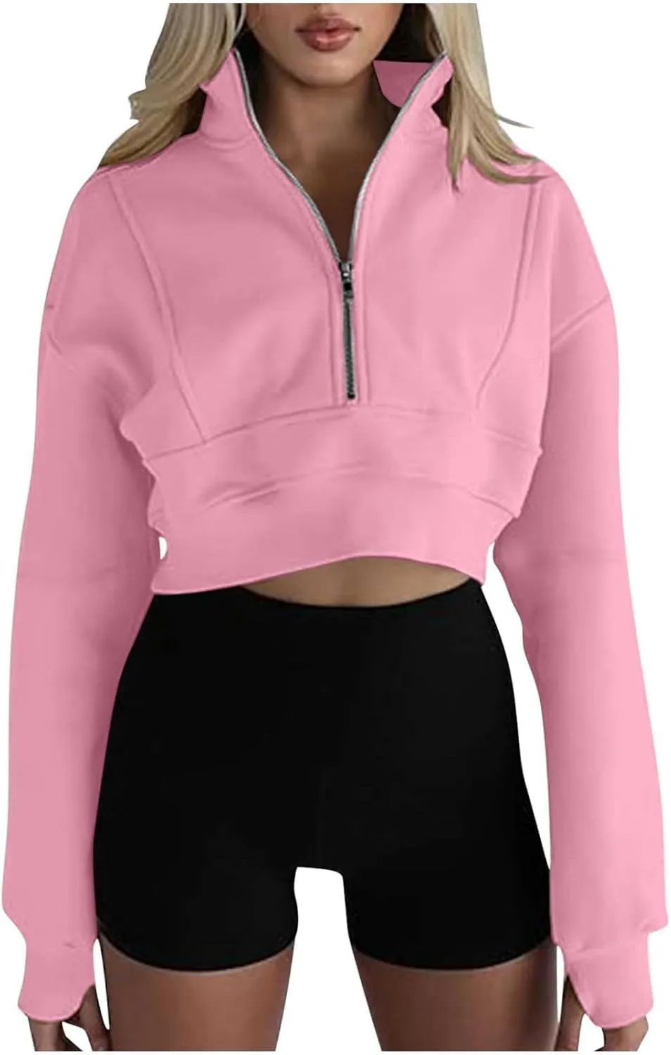 Womens Oversized Half Zipper Cropped Hoodies Sweatshirts Pullover,Long Sleeve V Neck Casual Lucky Tunic Comfy Tops