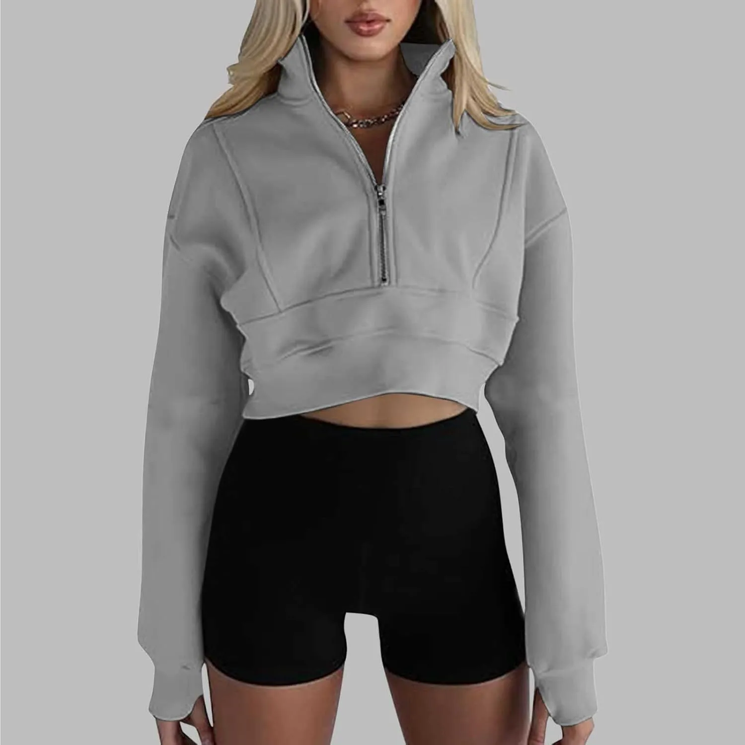 Womens Oversized Half Zipper Cropped Hoodies Sweatshirts Pullover,Long Sleeve V Neck Casual Lucky Tunic Comfy Tops