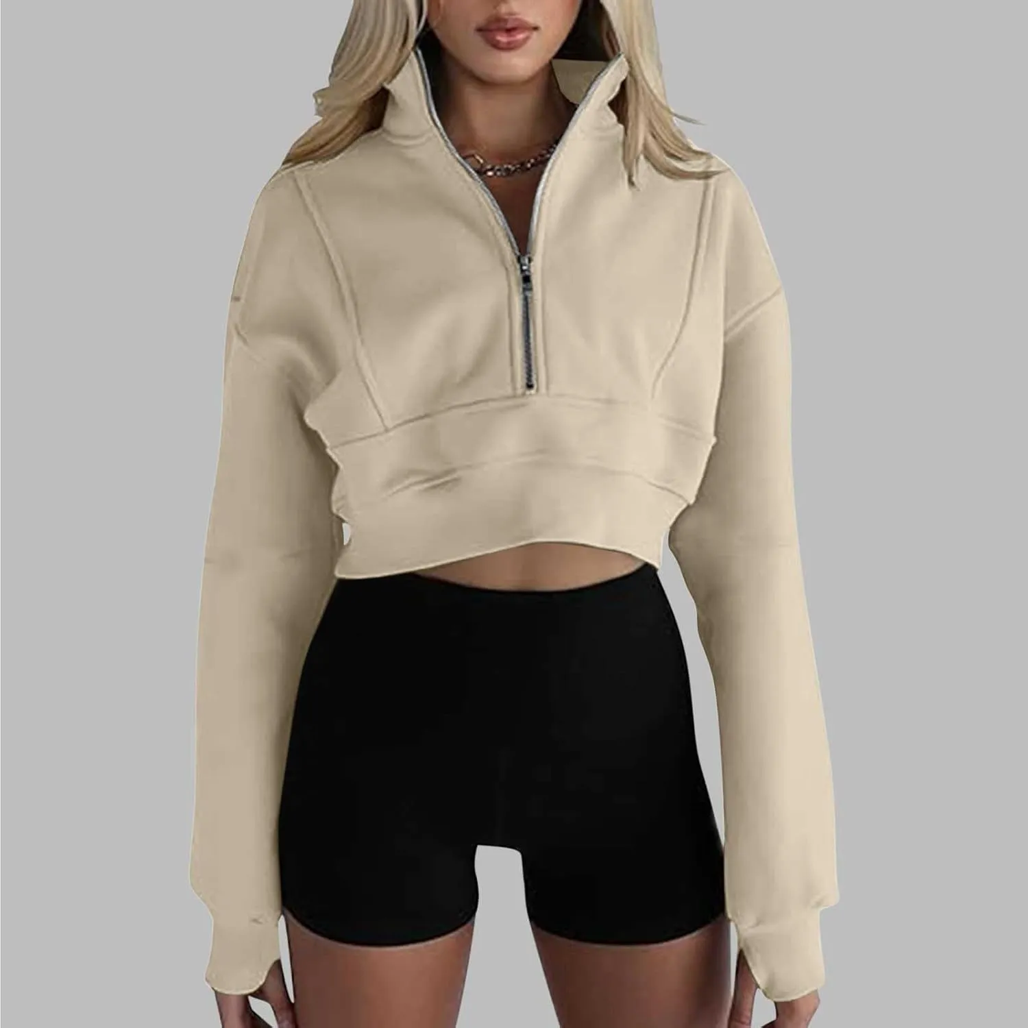 Womens Oversized Half Zipper Cropped Hoodies Sweatshirts Pullover,Long Sleeve V Neck Casual Lucky Tunic Comfy Tops
