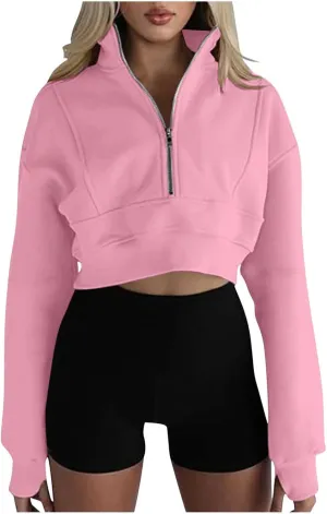 Womens Oversized Half Zipper Cropped Hoodies Sweatshirts Pullover,Long Sleeve V Neck Casual Lucky Tunic Comfy Tops