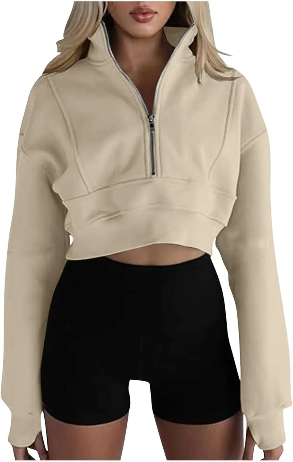 Womens Oversized Half Zipper Cropped Hoodies Sweatshirts Pullover,Long Sleeve V Neck Casual Lucky Tunic Comfy Tops