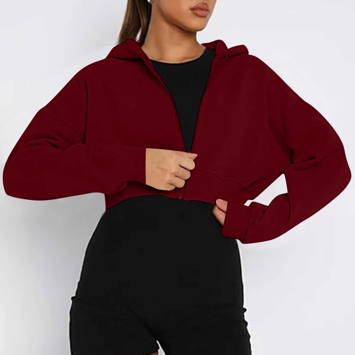 Womens Oversized Half Zipper Cropped Hoodies Sweatshirts Pullover,Long Sleeve V Neck Casual Lucky Tunic Comfy Tops