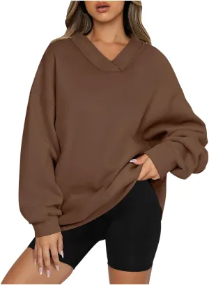 Women's Oversized Hoodies Sweatshirt,Casual V Neck Long Sleeve Pullover Tunic Comfy Basic Tops, Comfy Sweaters