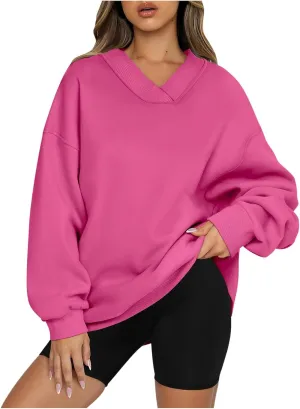 Women's Oversized Hoodies Sweatshirt,Casual V Neck Long Sleeve Pullover Tunic Comfy Basic Tops, Comfy Sweaters