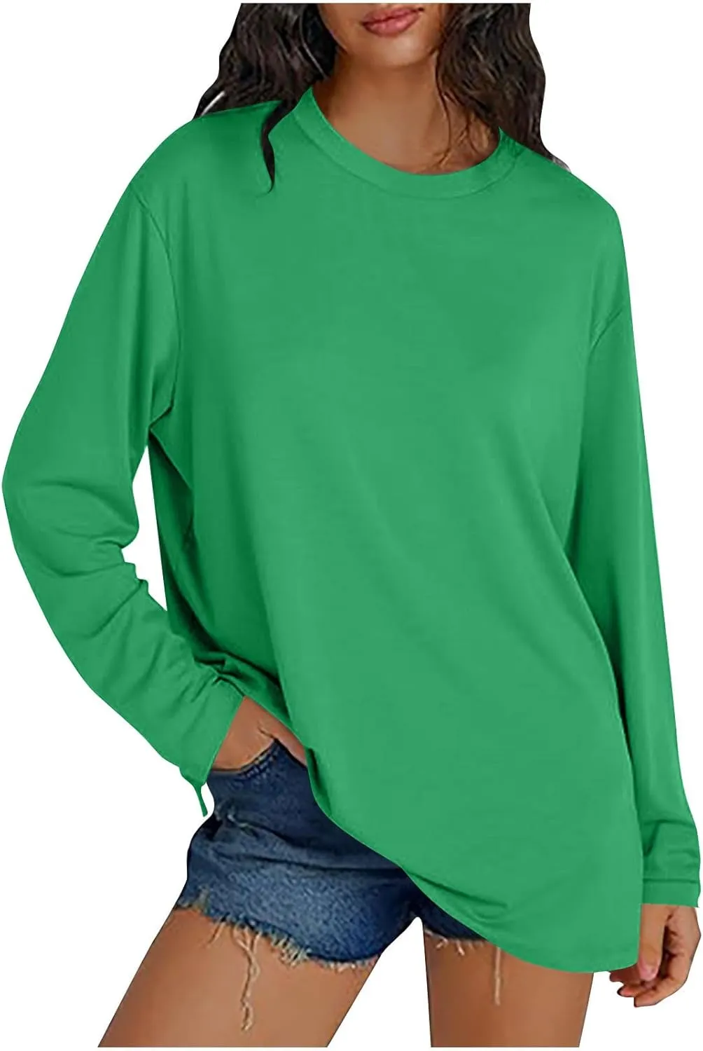 Womens Oversized Long Sleeve T Shirts Basic Crewneck Tee Fall Tops Solid Comfortable Workout Fashion Casual Clothes
