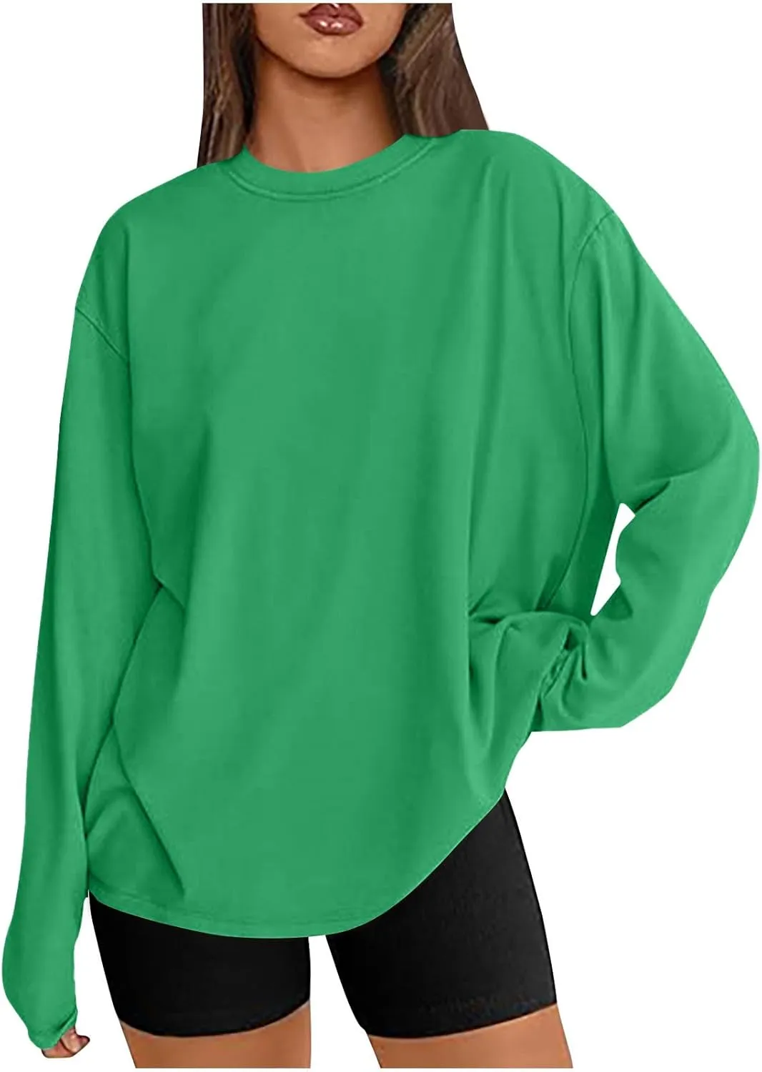 Womens Oversized Long Sleeve T Shirts Basic Crewneck Tee Fall Tops Solid Comfortable Workout Fashion Casual Clothes
