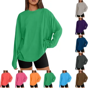 Womens Oversized Long Sleeve T Shirts Basic Crewneck Tee Fall Tops Solid Comfortable Workout Fashion Casual Clothes