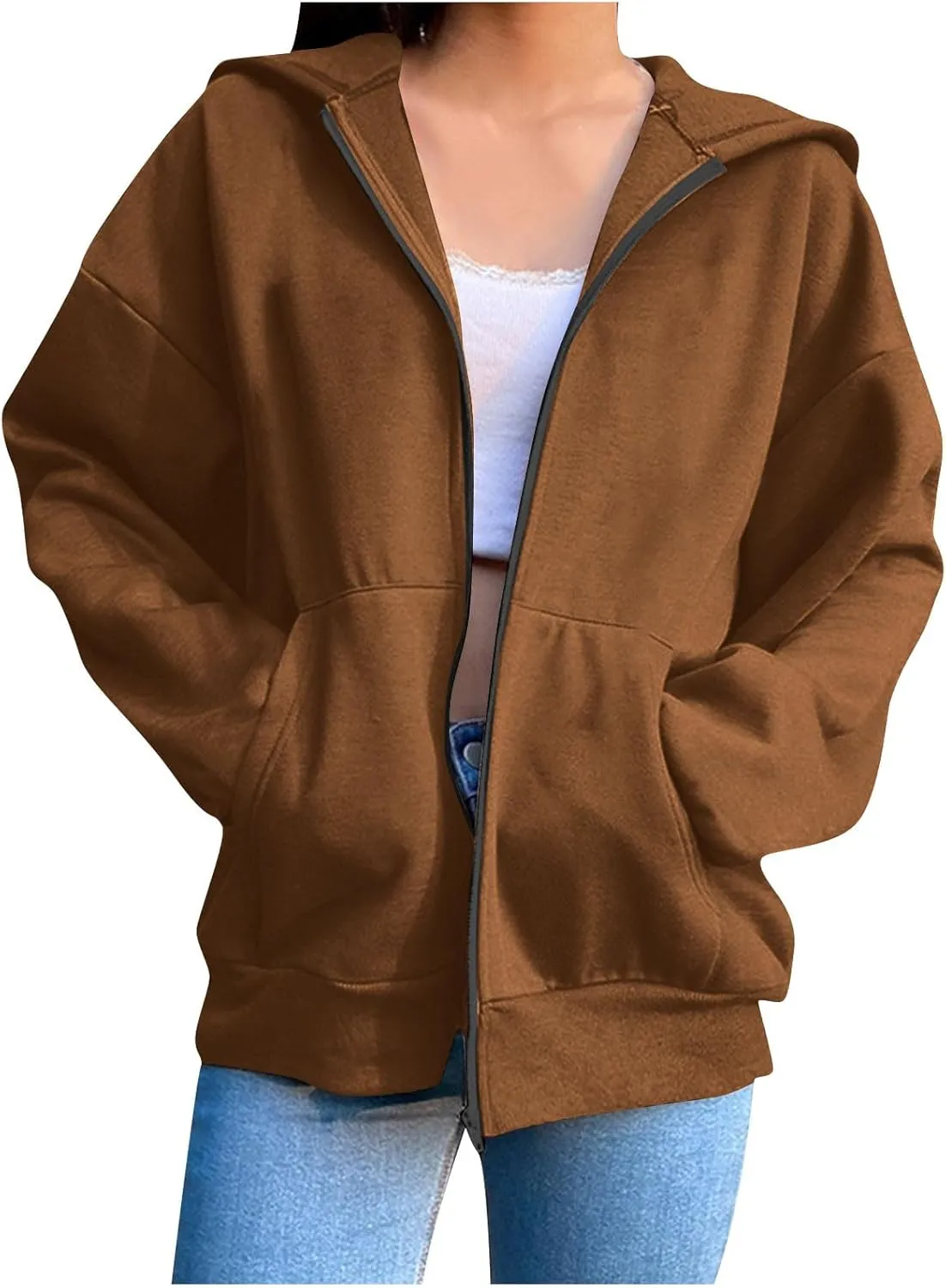 Women's Oversized Zipper V-Neck Hoodies Sweatshirt,Casual Fashion Long Sleeve Pullover Tunic Comfy Basic Tops