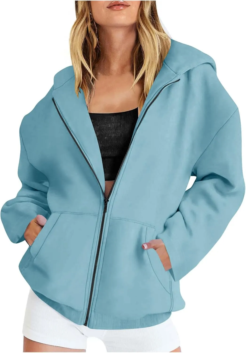 Women's Oversized Zipper V-Neck Hoodies Sweatshirt,Casual Fashion Long Sleeve Pullover Tunic Comfy Basic Tops