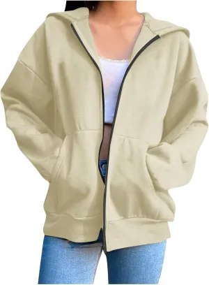 Women's Oversized Zipper V-Neck Hoodies Sweatshirt,Casual Fashion Long Sleeve Pullover Tunic Comfy Basic Tops