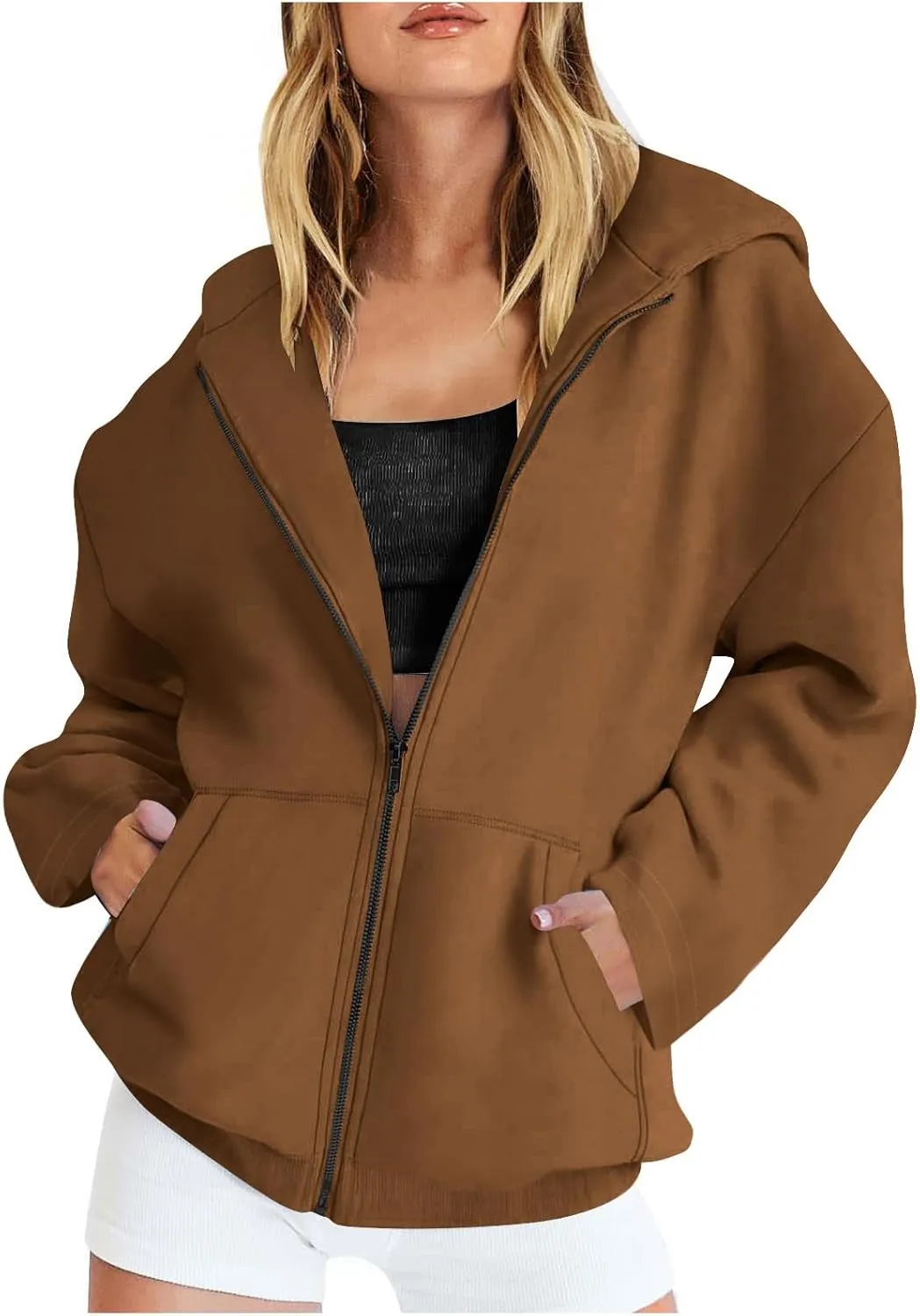 Women's Oversized Zipper V-Neck Hoodies Sweatshirt,Casual Fashion Long Sleeve Pullover Tunic Comfy Basic Tops