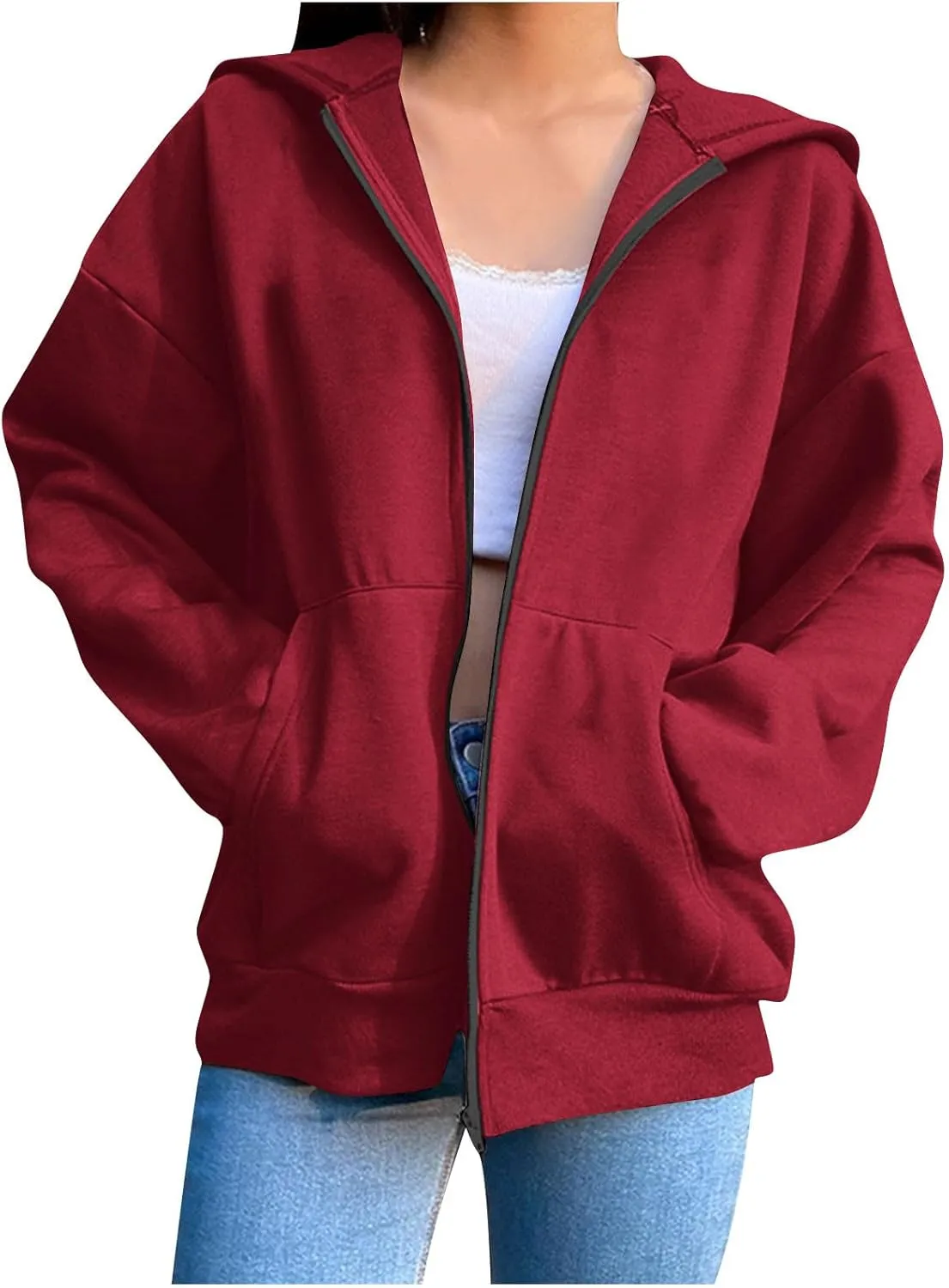Women's Oversized Zipper V-Neck Hoodies Sweatshirt,Casual Fashion Long Sleeve Pullover Tunic Comfy Basic Tops
