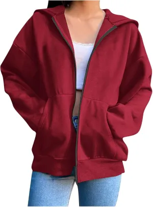 Women's Oversized Zipper V-Neck Hoodies Sweatshirt,Casual Fashion Long Sleeve Pullover Tunic Comfy Basic Tops