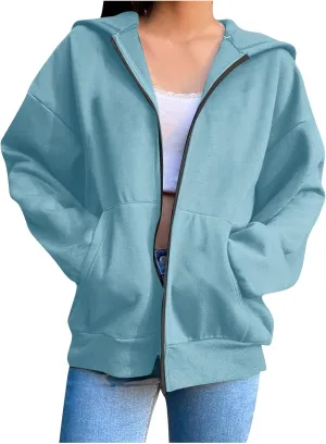 Women's Oversized Zipper V-Neck Hoodies Sweatshirt,Casual Fashion Long Sleeve Pullover Tunic Comfy Basic Tops