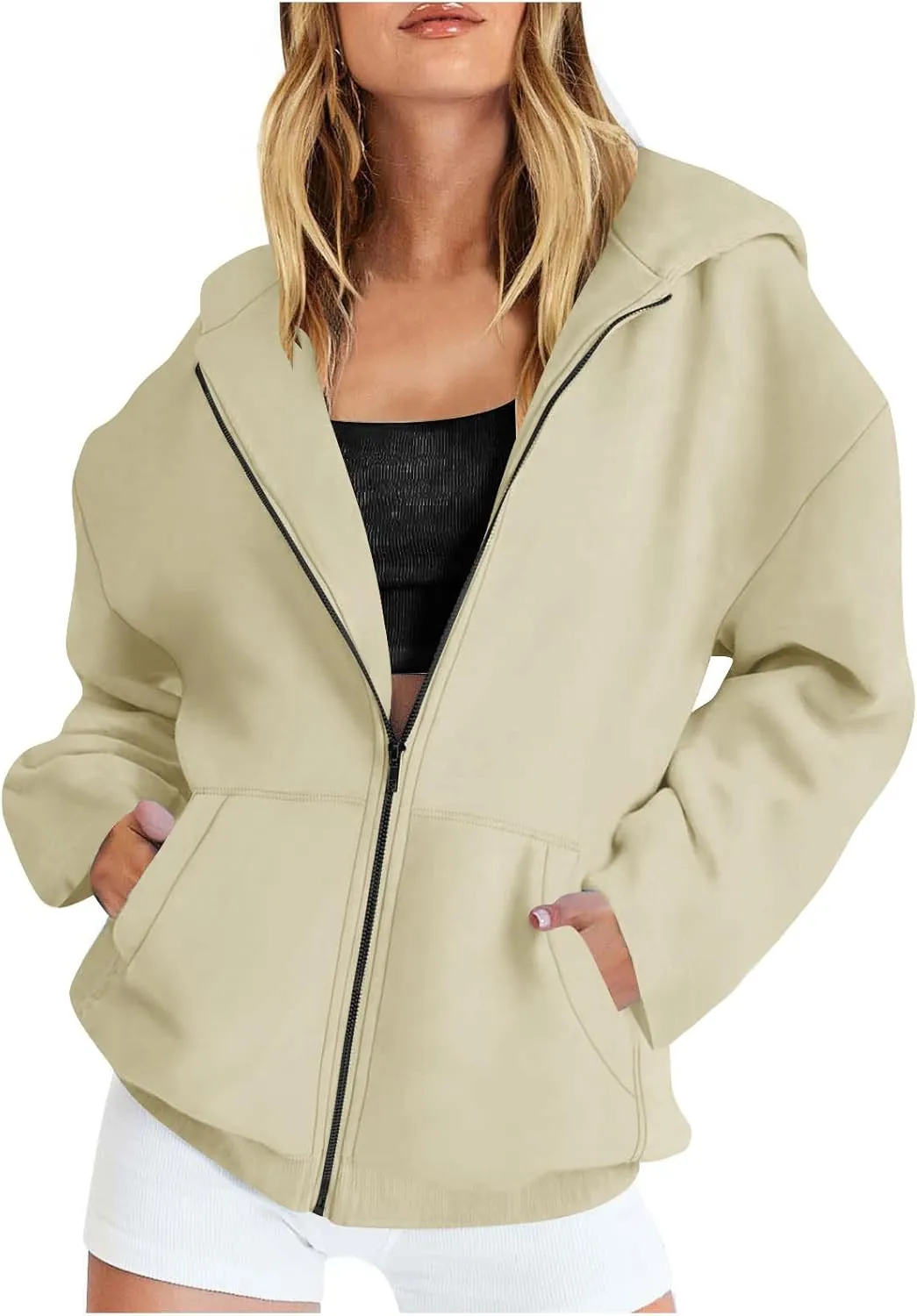 Women's Oversized Zipper V-Neck Hoodies Sweatshirt,Casual Fashion Long Sleeve Pullover Tunic Comfy Basic Tops