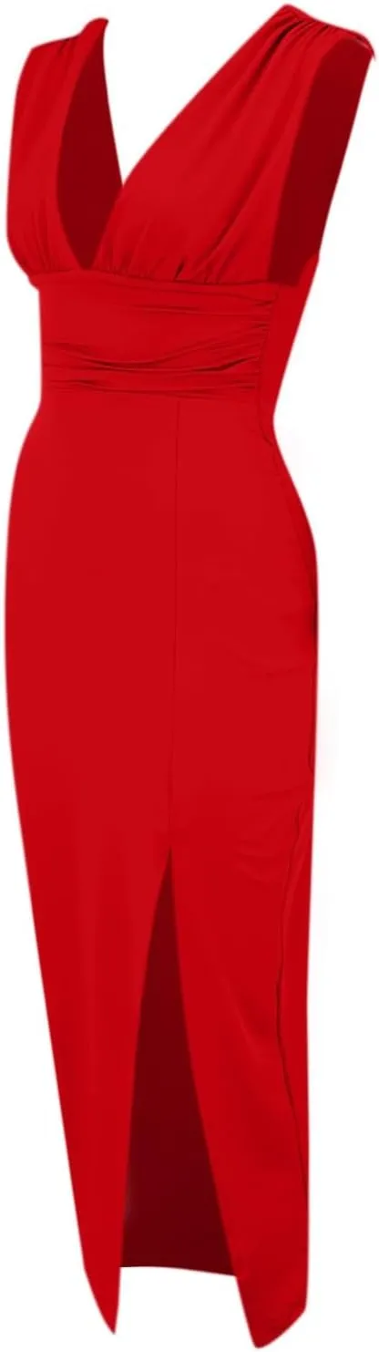 Women's Sexy Sleeveless Halter Deep V Neck Side Waist Cutout Backless Bodycon High Slit Maxi Long Dress Summer Dress